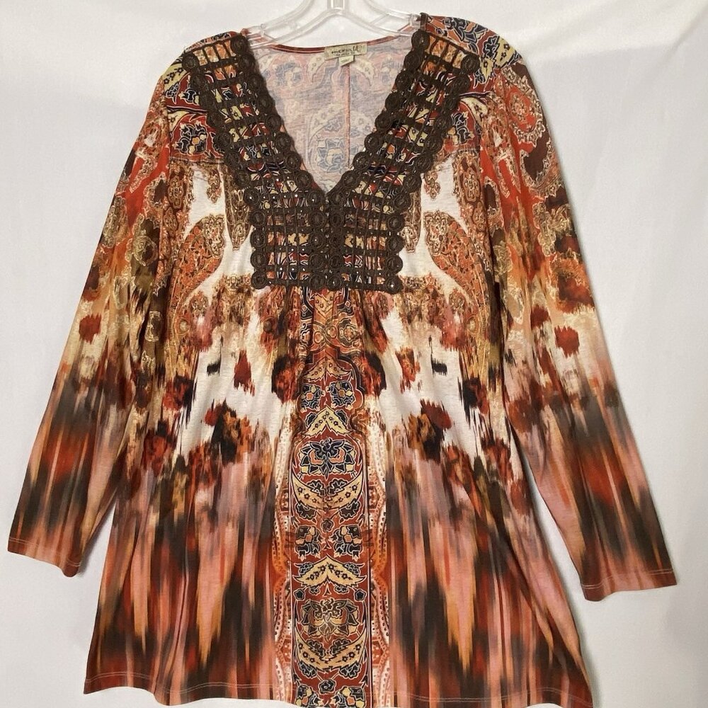One World Womens Tunic Top Sz L Orange Brown Boho Open Crochet V-neck Fall L/S